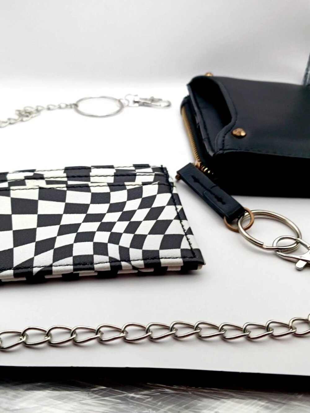 Black + White Skater Checkered Wallet with Removable Card Holder + Chain